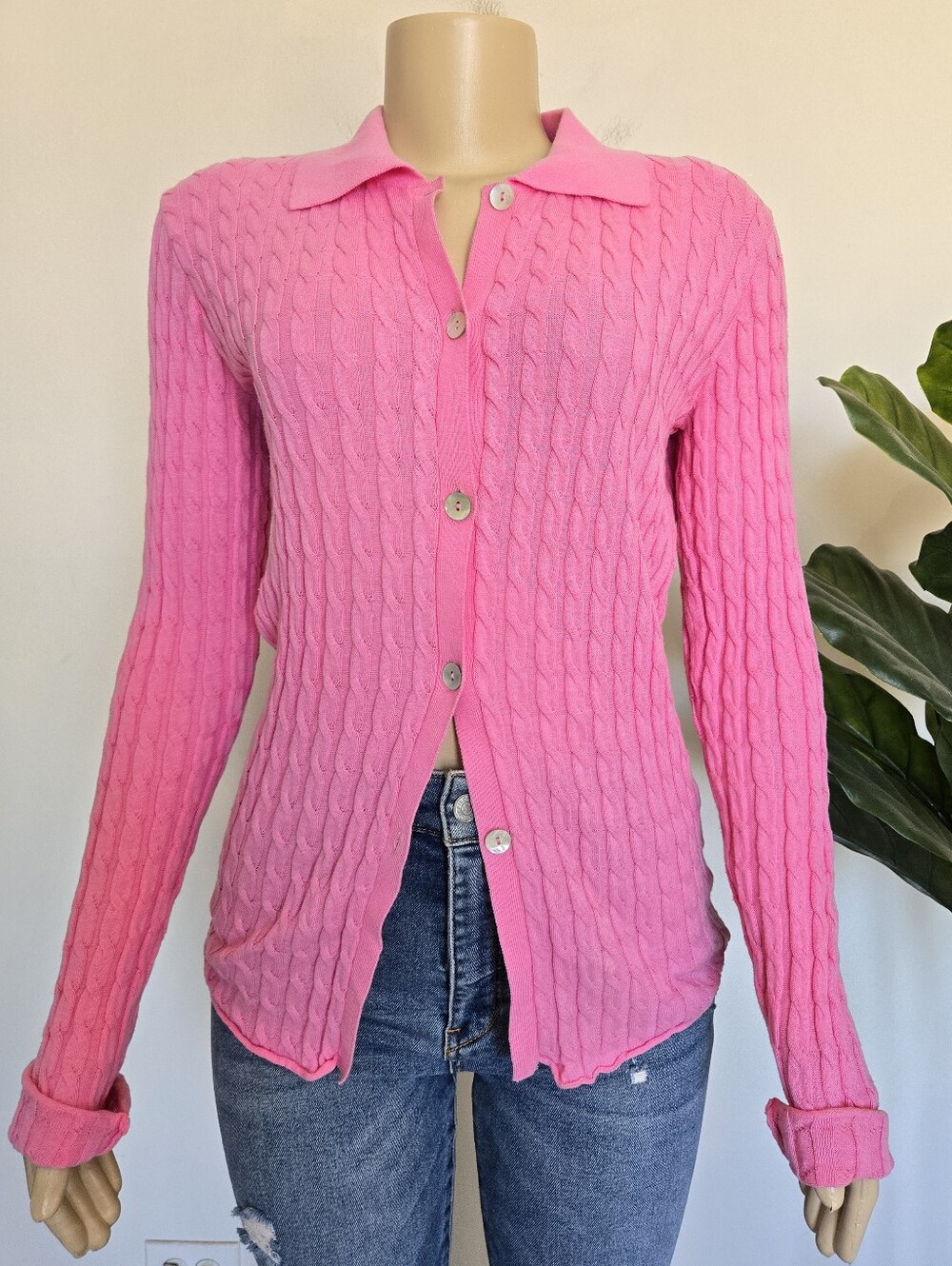 Zara Pink 100% Cotton Cable Knit Polo Collar Button Down Cardigan Sweater Size S